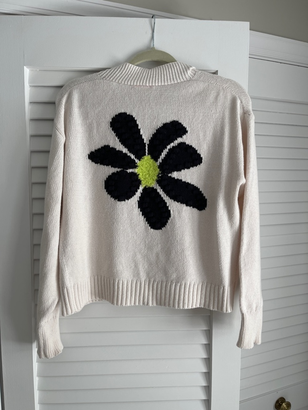 Lisa Todd Cream Cardigan with Black Flower and Lime Center on the Back